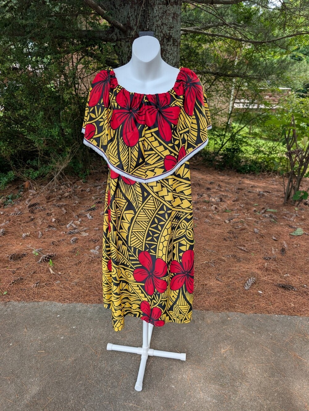 Authentic Handmade Hawaiian Tribal Print Floral Midi Dress Large